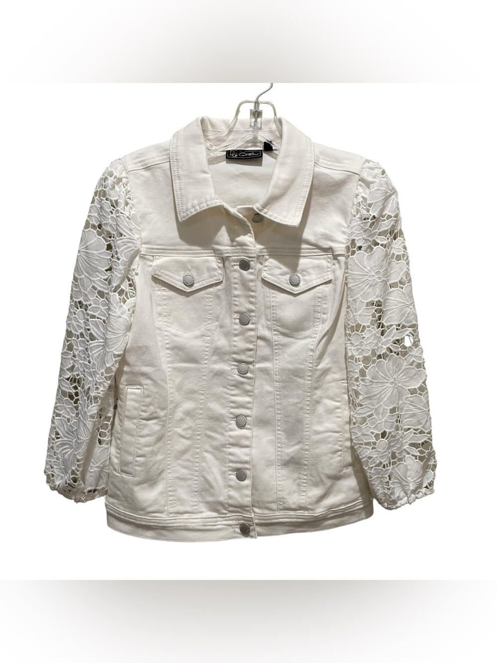 DG2 Diane Gilman Stretch Denim Jacket White Women’s Size XS Lace Sleeve Button
